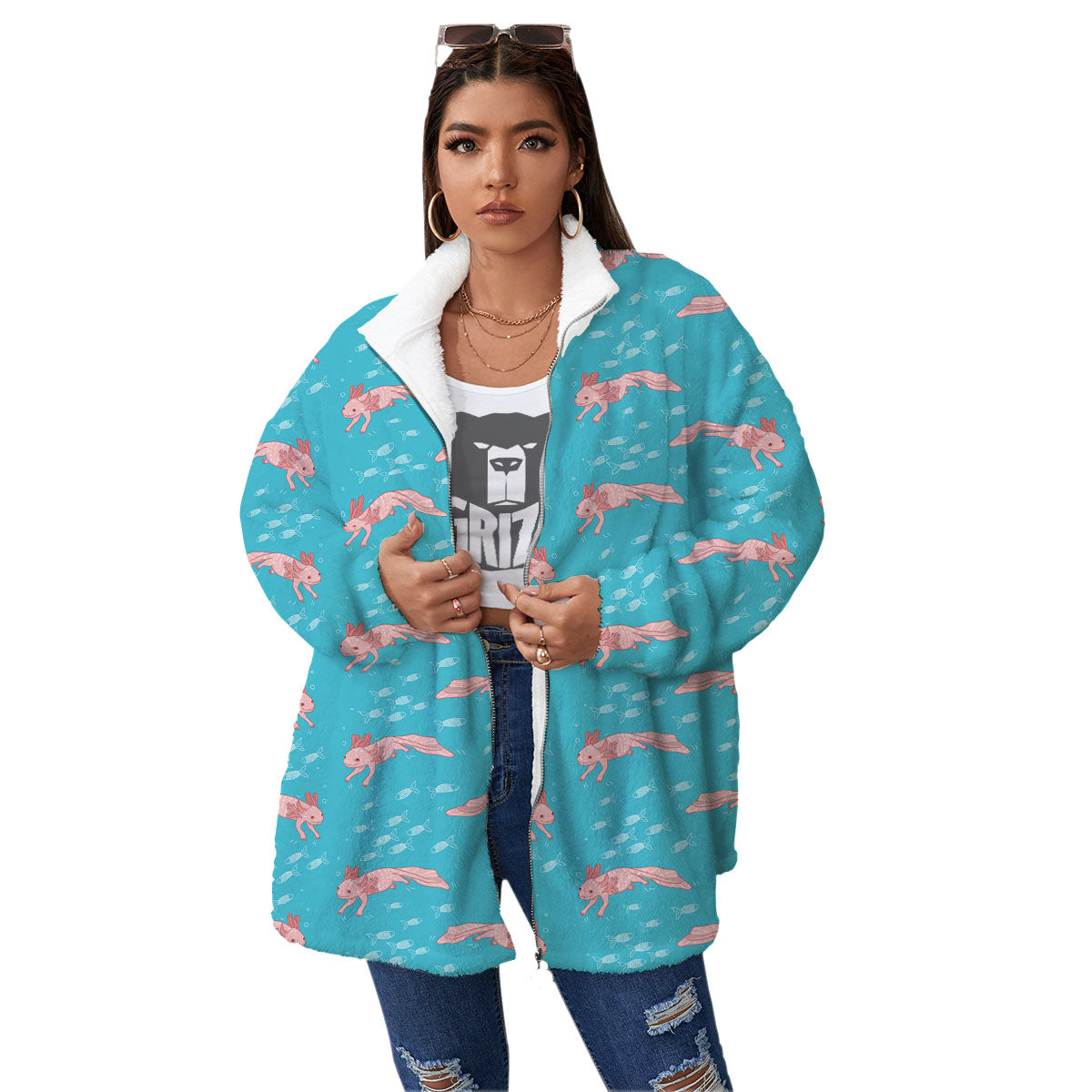 Pink Axolotl Teal Print Pattern Women's Sherpa Jacket-grizzshop
