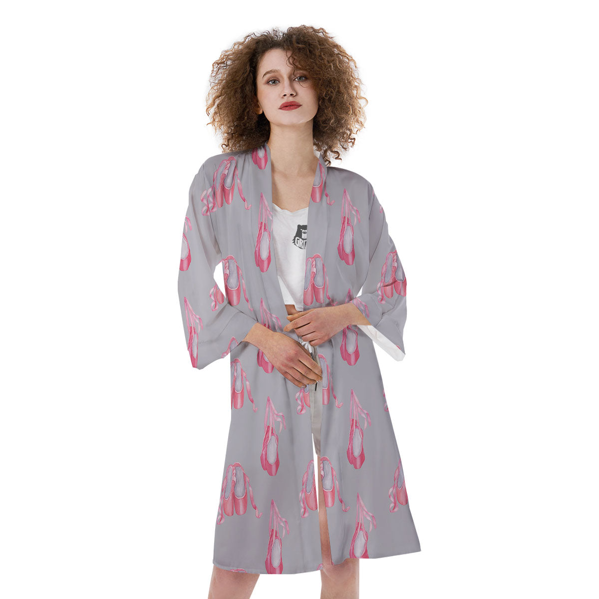 Pink Ballet Shoes Print Pattern Kimono-grizzshop