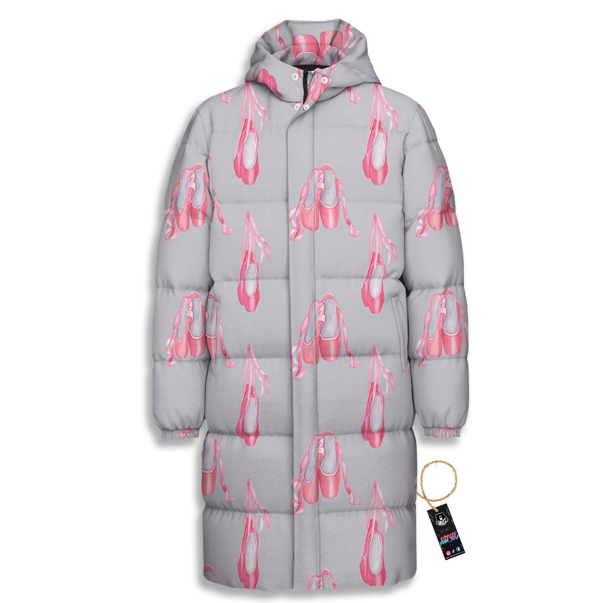 Pink Ballet Shoes Print Pattern Long Down Jacket-grizzshop