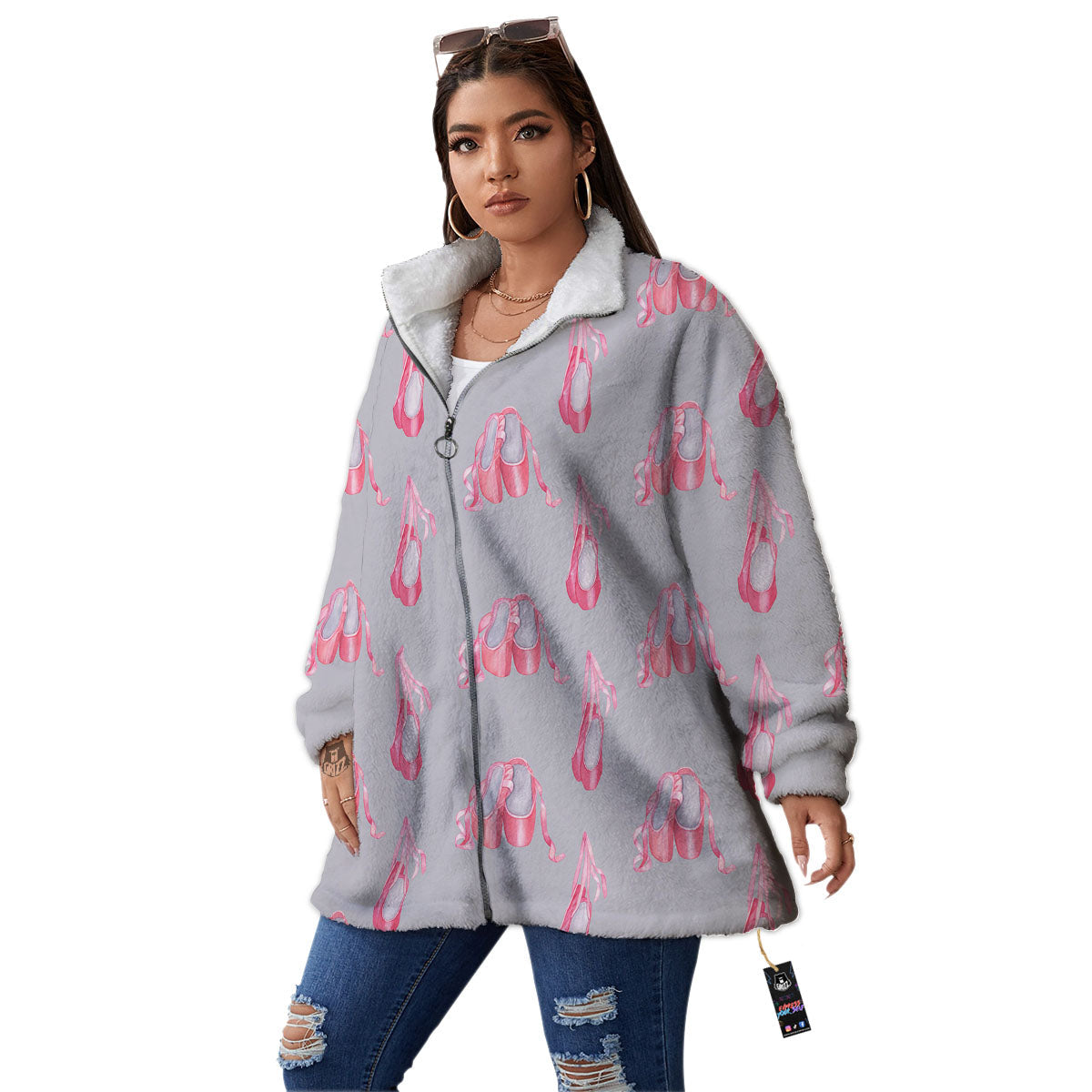 Pink Ballet Shoes Print Pattern Women's Sherpa Jacket-grizzshop