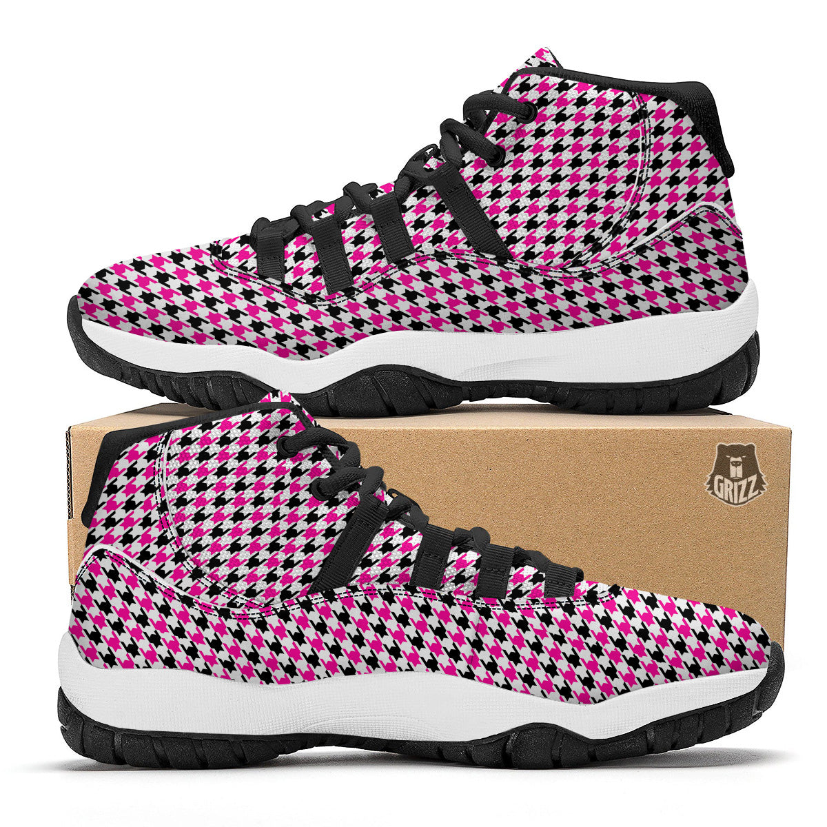 Pink Blac And White Houndstooth Print Black Bball Shoes-grizzshop