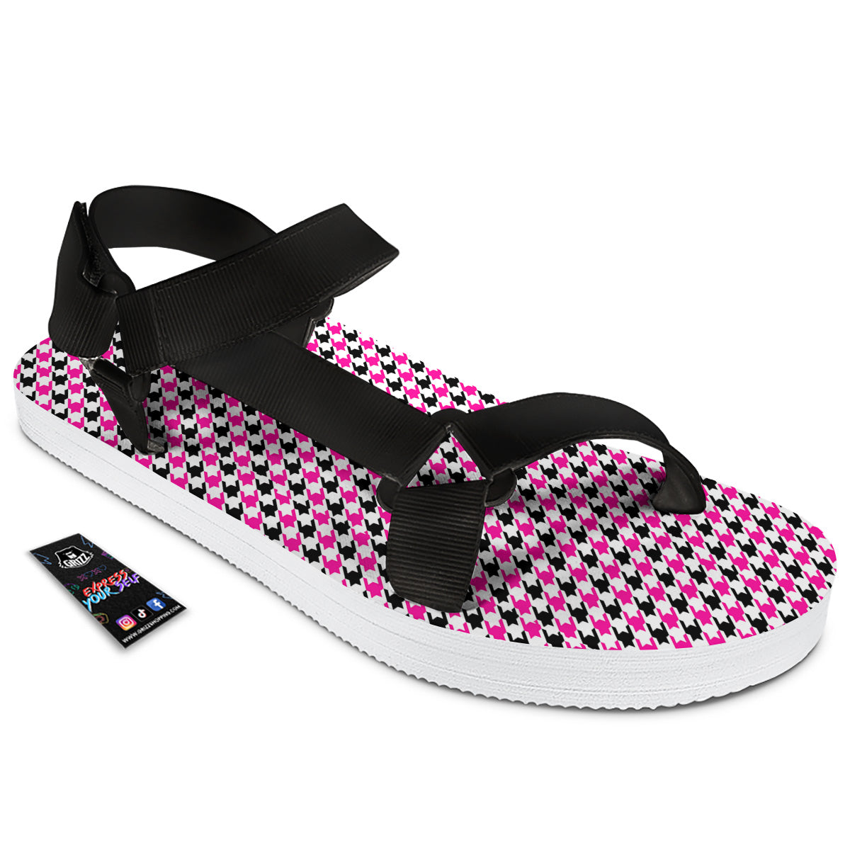 Pink Blac And White Houndstooth Print Black Open Toe Sandals-grizzshop