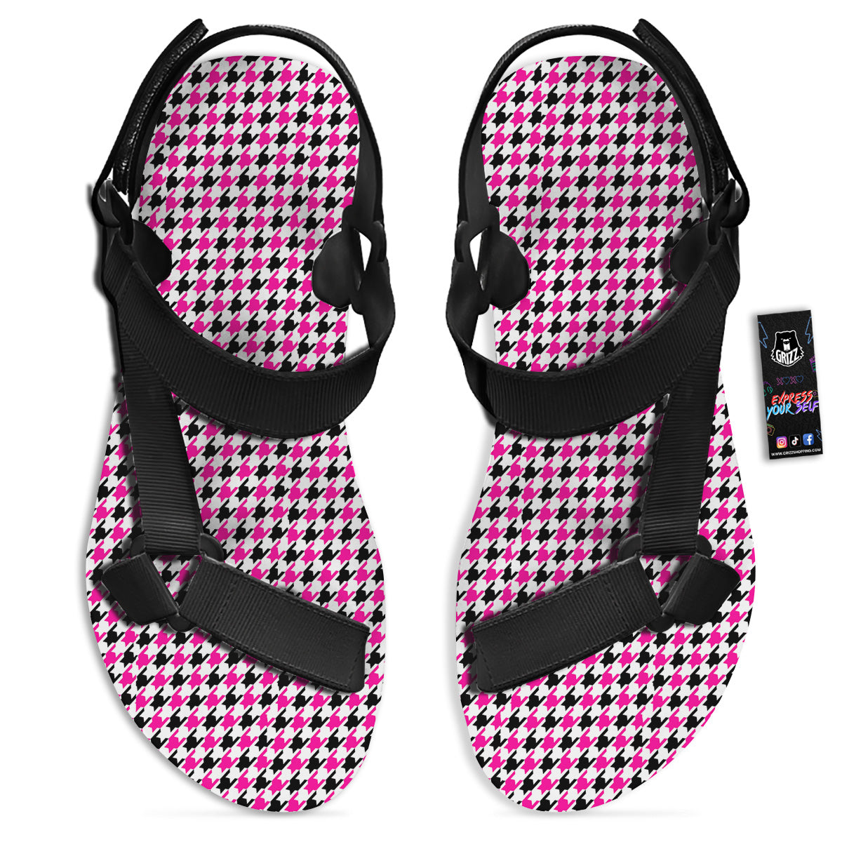 Pink Blac And White Houndstooth Print Black Open Toe Sandals-grizzshop
