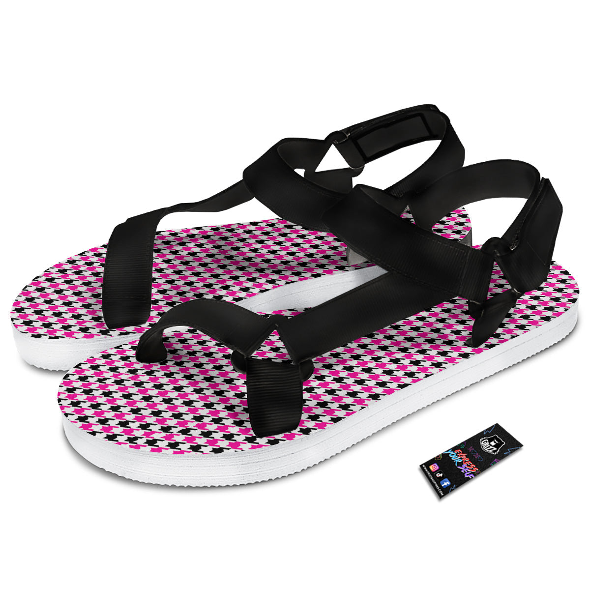 Pink Blac And White Houndstooth Print Black Open Toe Sandals-grizzshop