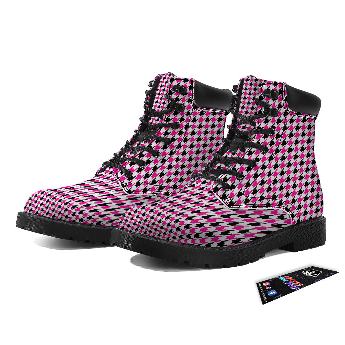 Pink Blac And White Houndstooth Print Boots-grizzshop