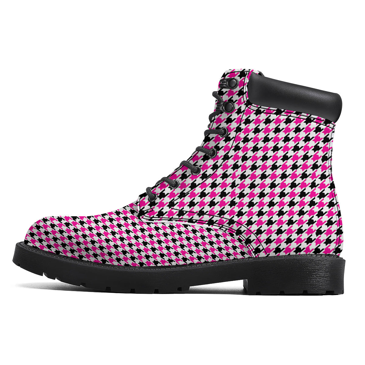 Pink Blac And White Houndstooth Print Boots-grizzshop