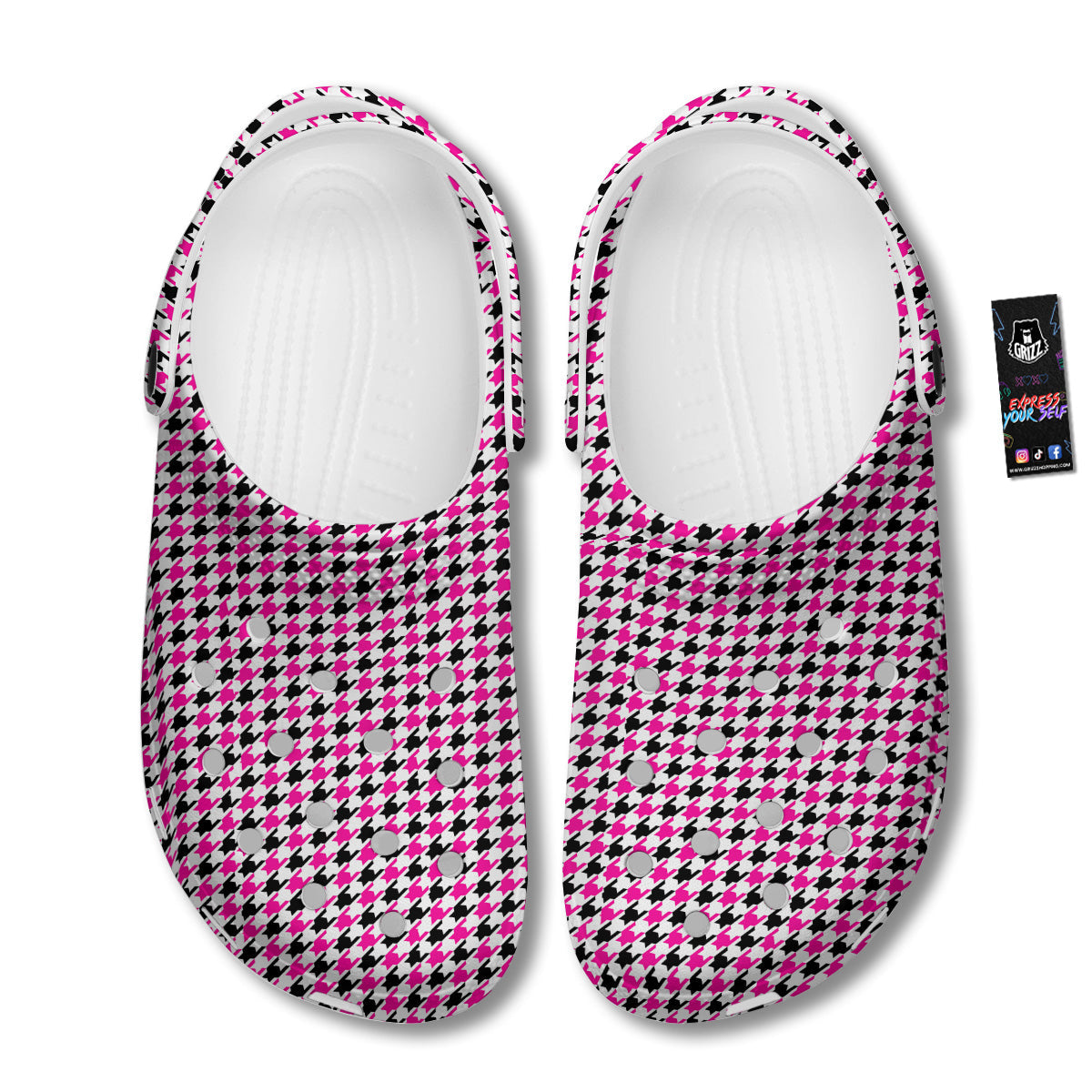 Pink Blac And White Houndstooth Print Clog-grizzshop