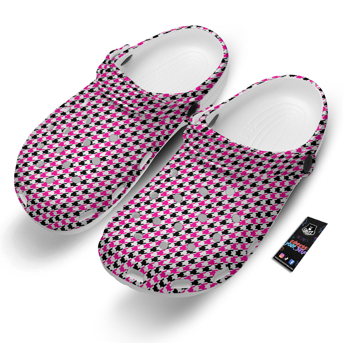 Pink Blac And White Houndstooth Print Clog-grizzshop