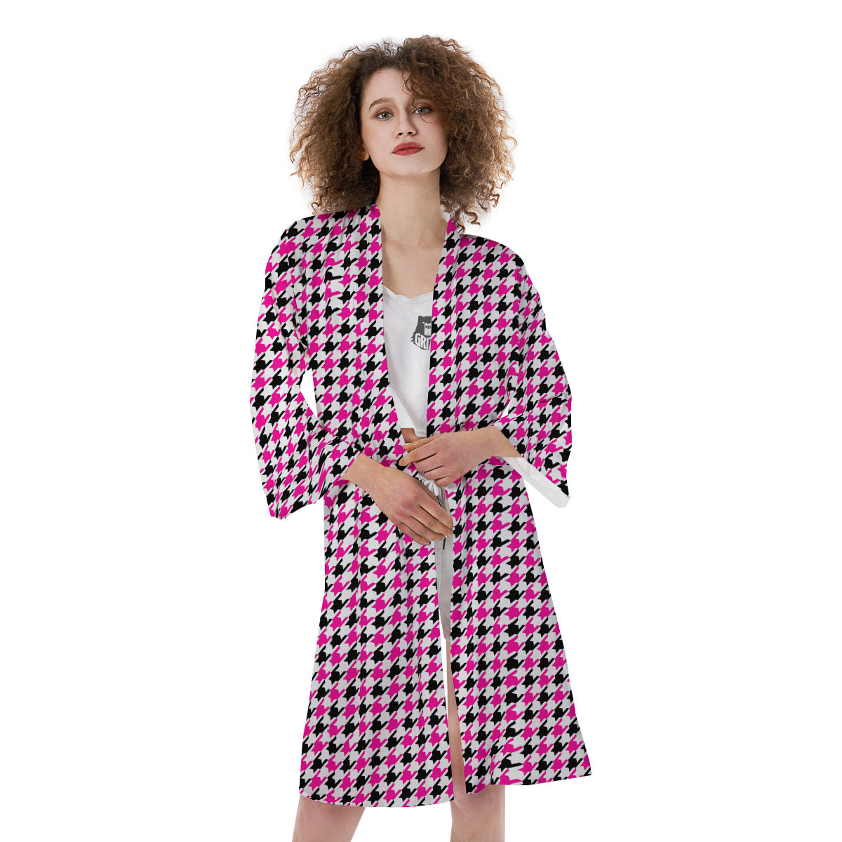 Pink Blac And White Houndstooth Print Kimono-grizzshop