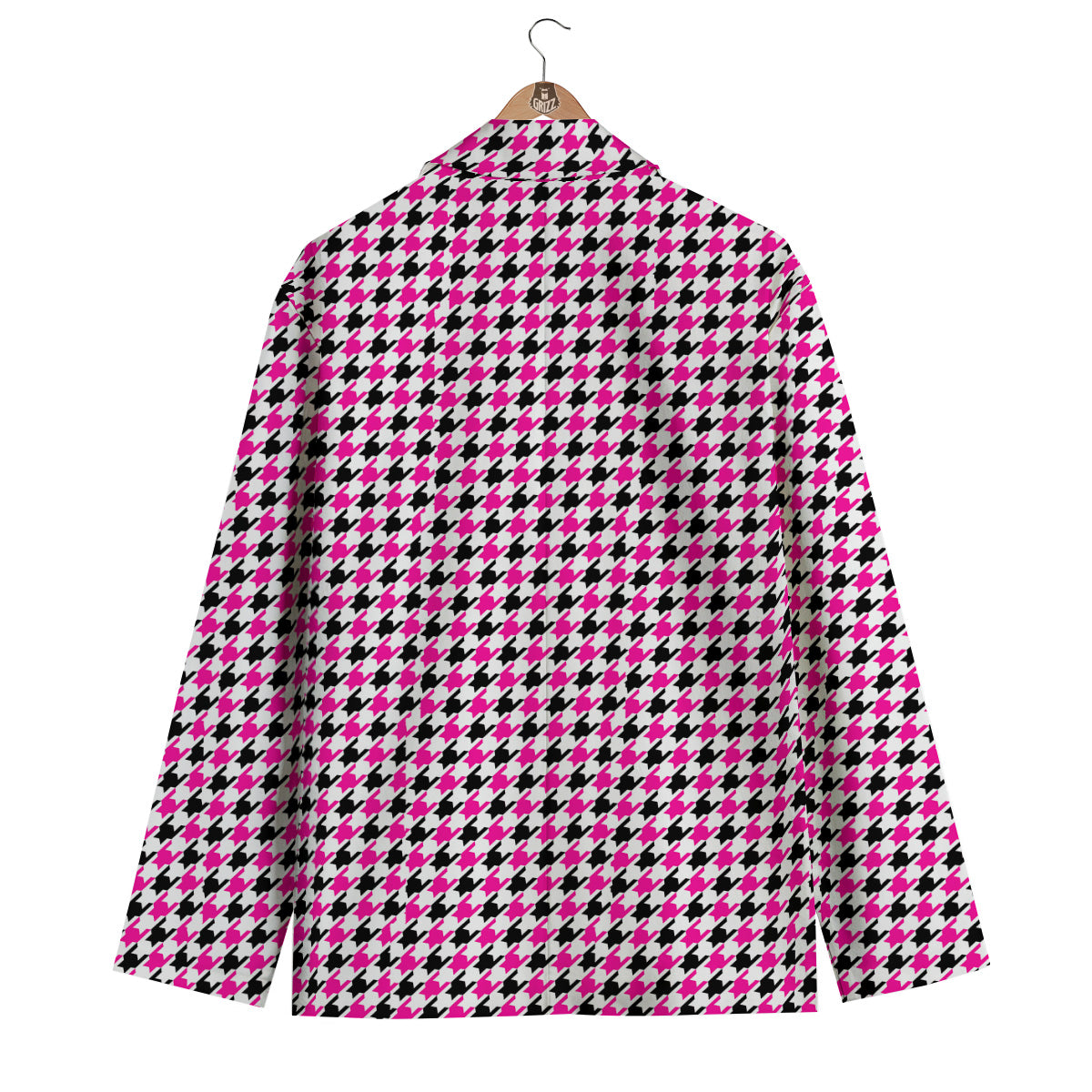 Pink Blac And White Houndstooth Print Men's Blazer-grizzshop