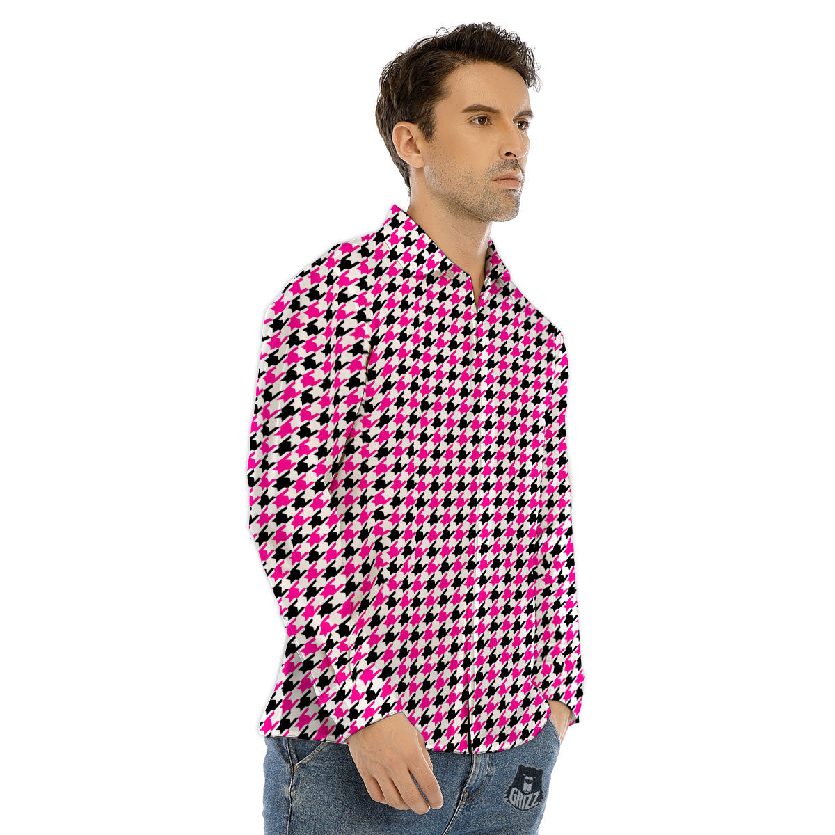Pink Blac And White Houndstooth Print Men's Dress Shirts-grizzshop