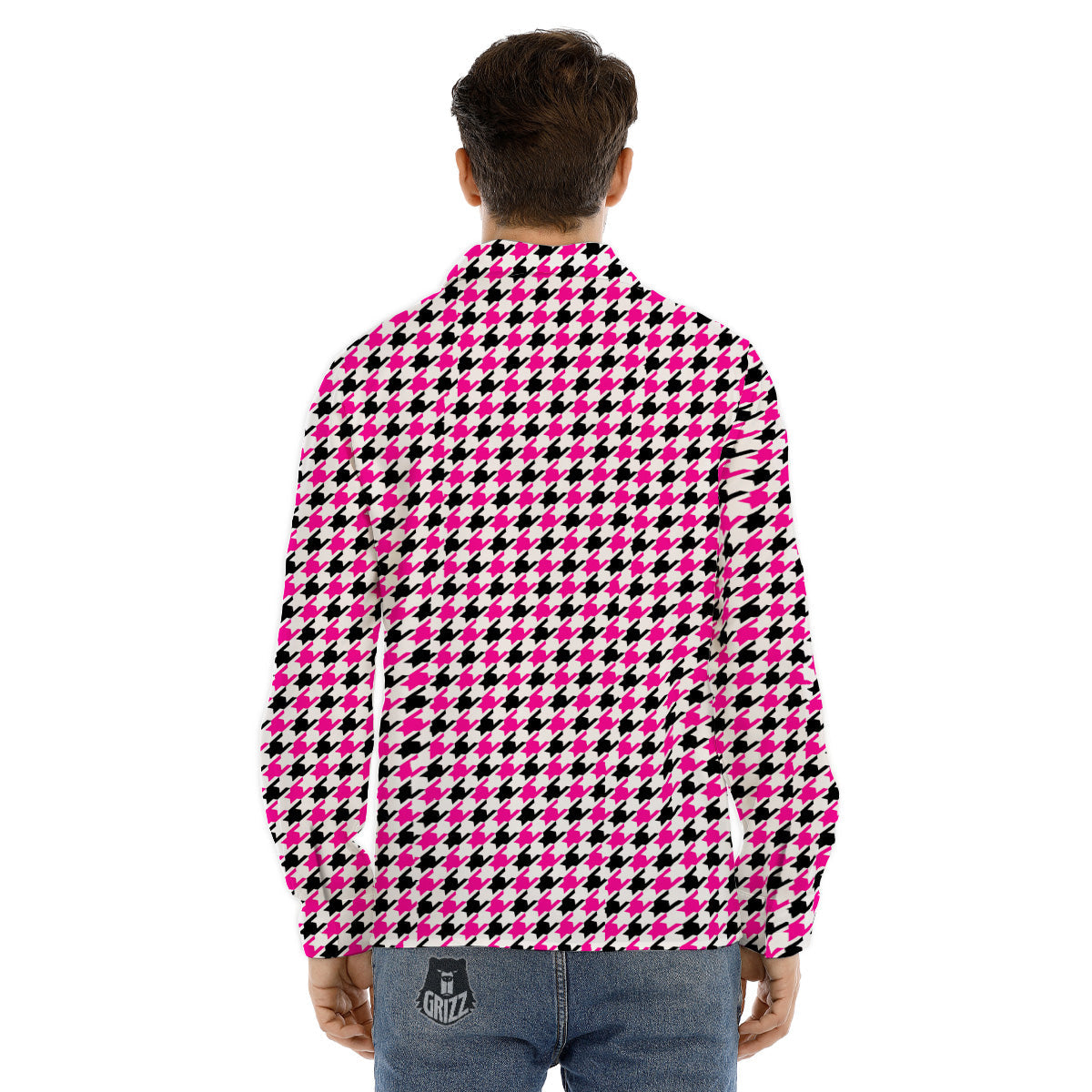 Pink Blac And White Houndstooth Print Men's Dress Shirts-grizzshop