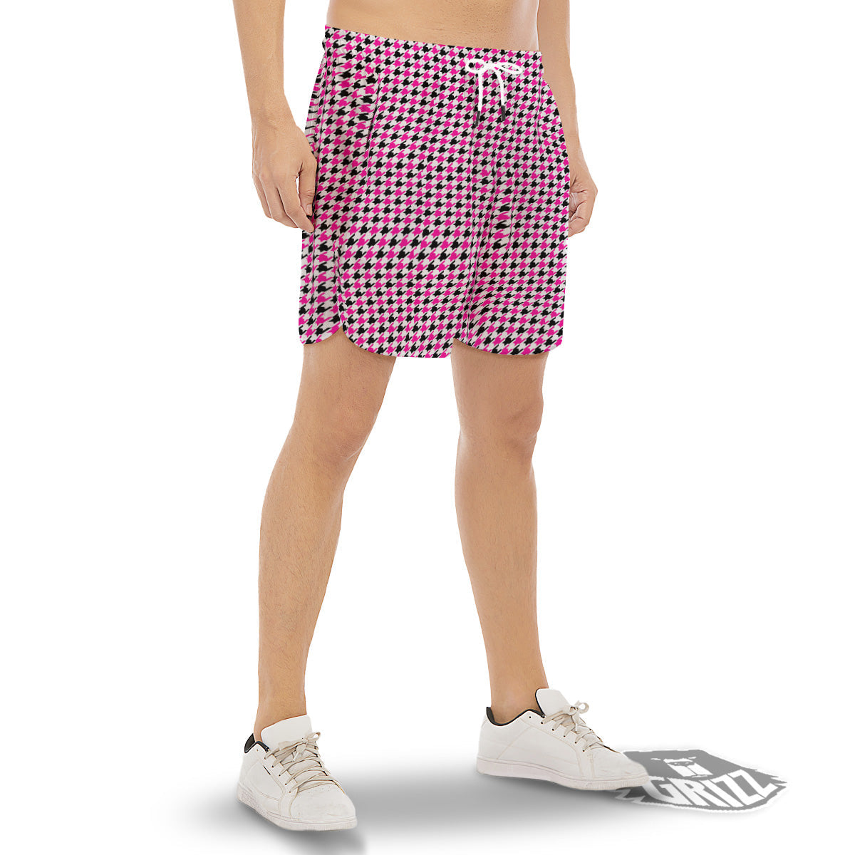 Pink Blac And White Houndstooth Print Men's Gym Shorts-grizzshop