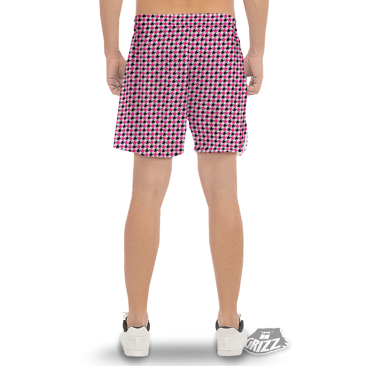 Pink Blac And White Houndstooth Print Men's Gym Shorts-grizzshop