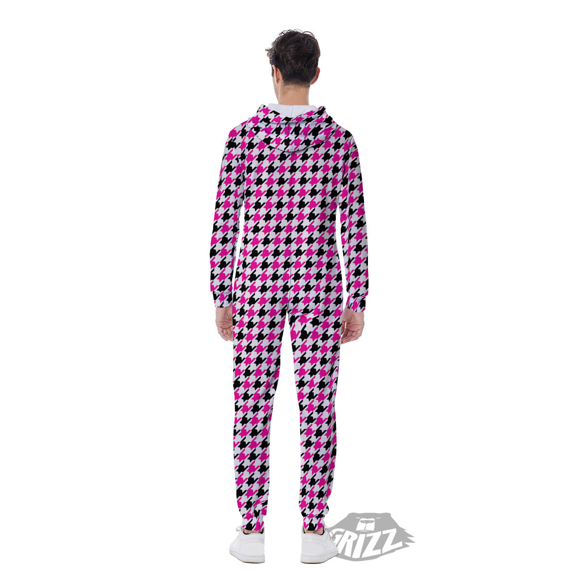 Pink Blac And White Houndstooth Print Men's Jumpsuit-grizzshop