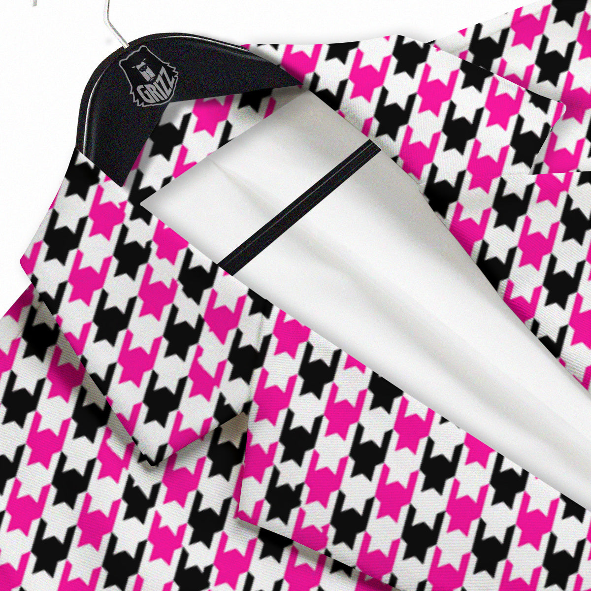 Pink Blac And White Houndstooth Print Men's Sport Coat-grizzshop