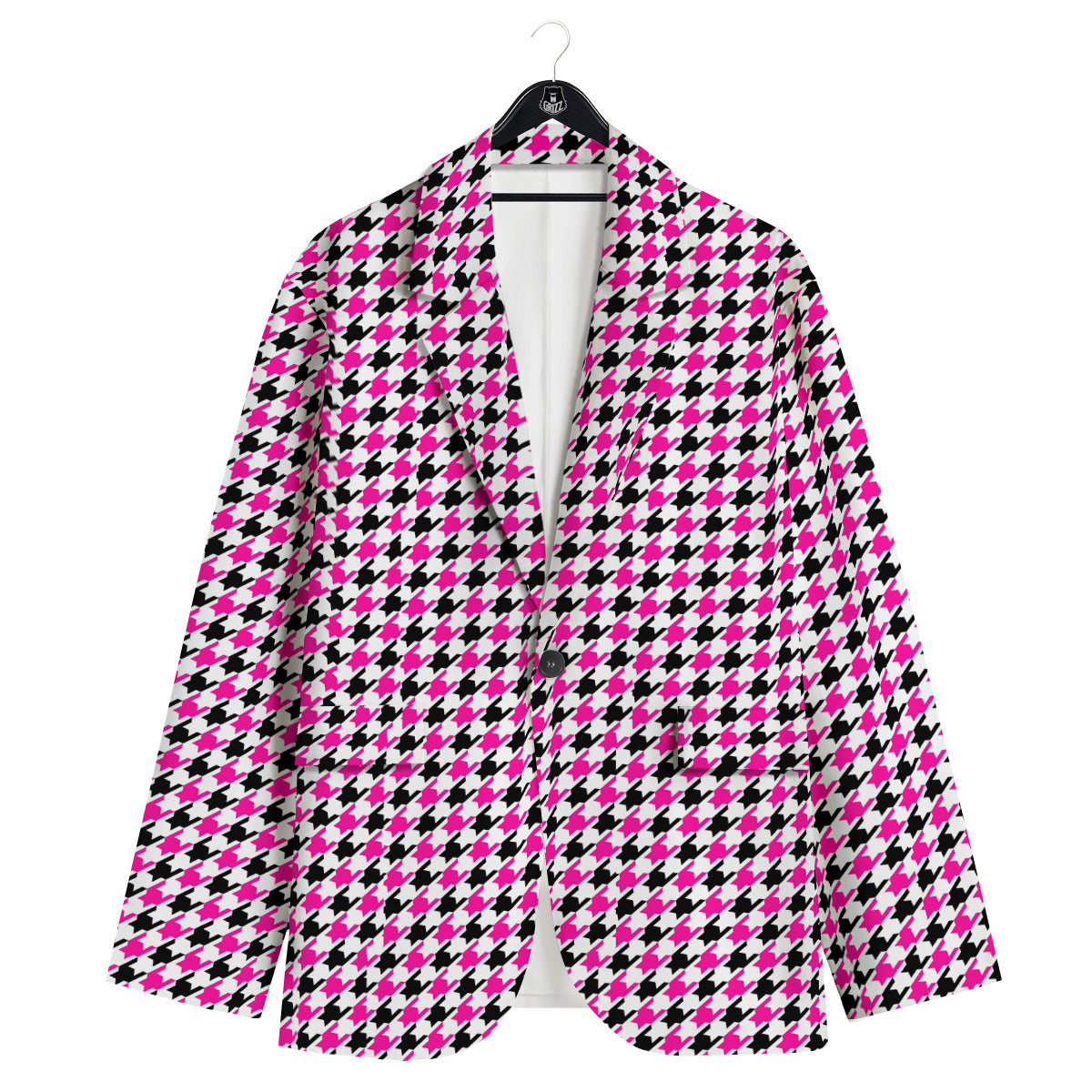Pink Blac And White Houndstooth Print Men's Sport Coat-grizzshop
