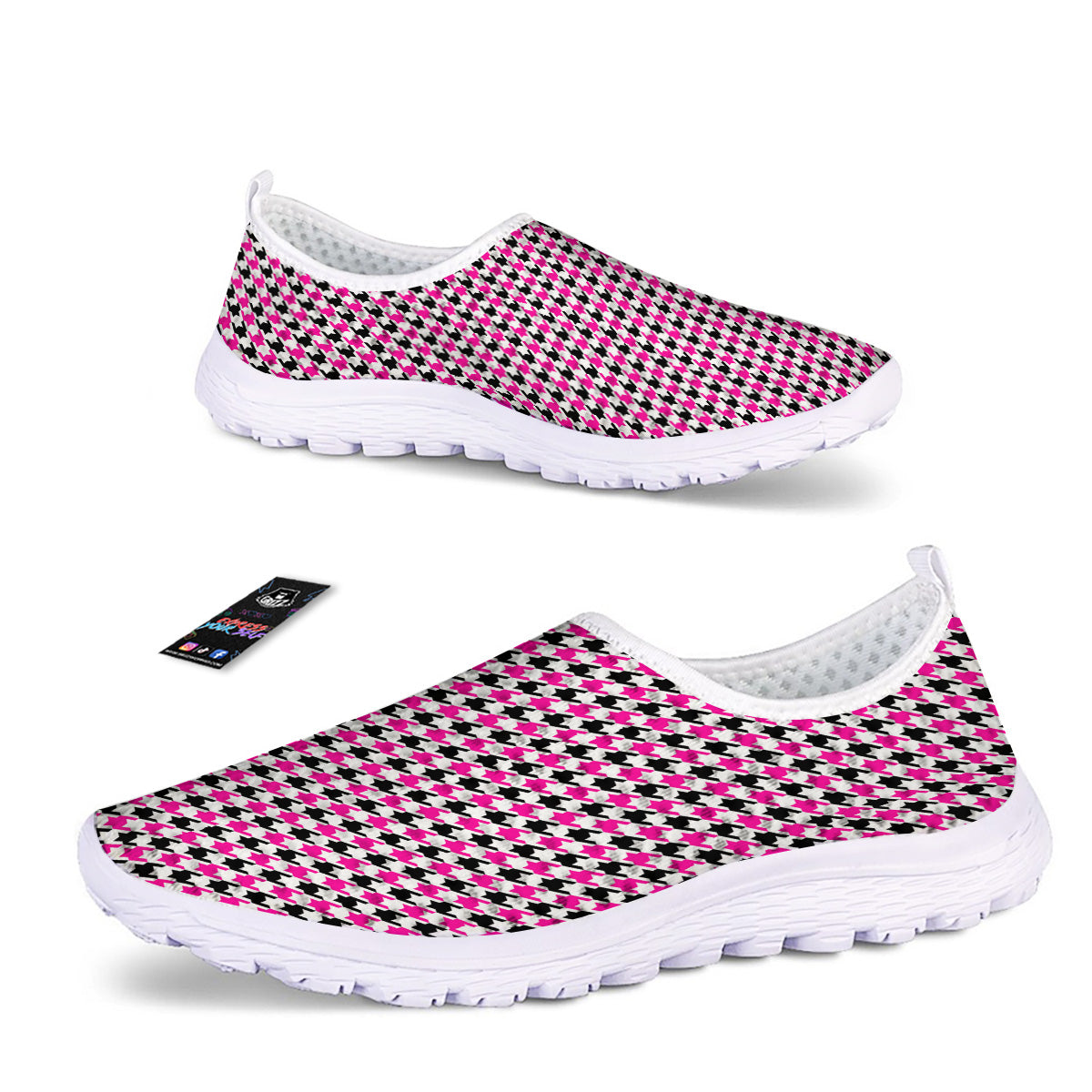 Pink Blac And White Houndstooth Print Nurse Shoes-grizzshop
