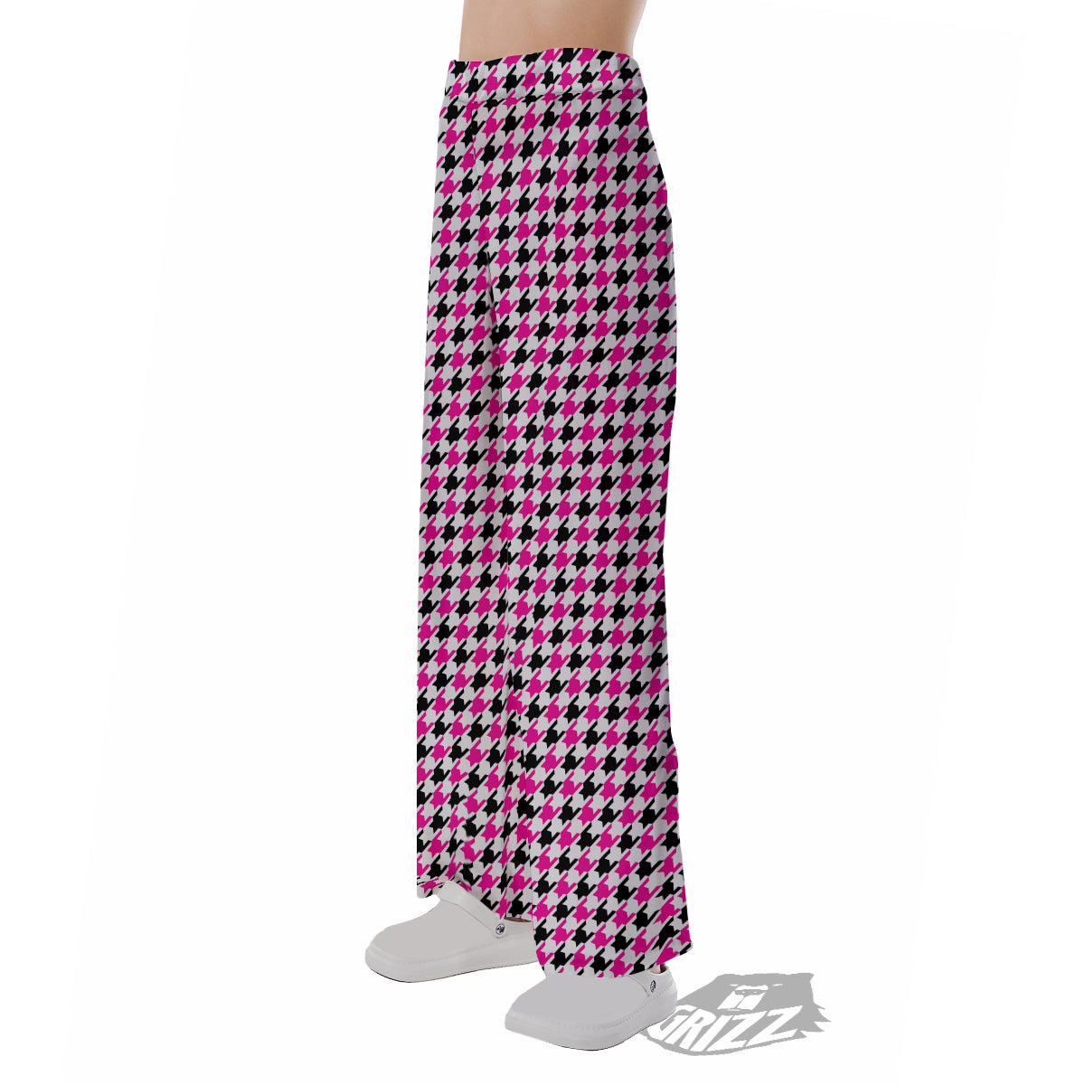 Pink Blac And White Houndstooth Print Pajama Pants-grizzshop