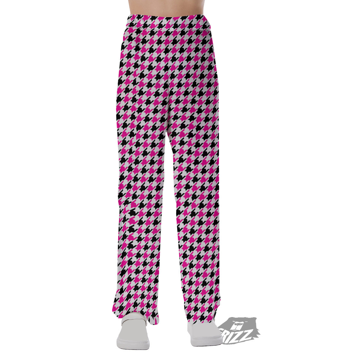 Pink Blac And White Houndstooth Print Pajama Pants-grizzshop