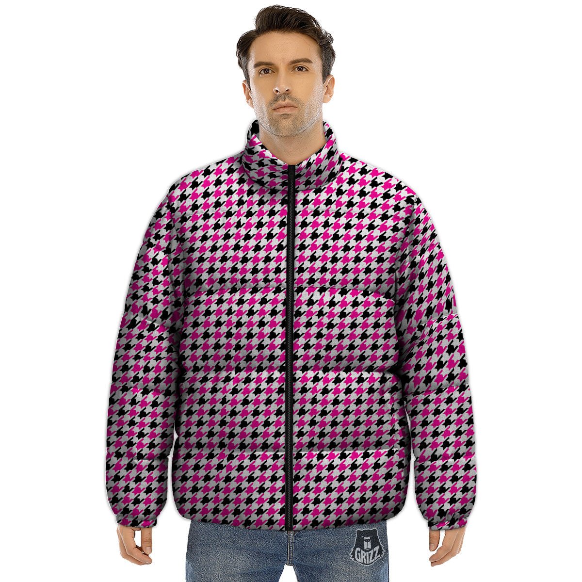 Pink Blac And White Houndstooth Print Puffer Jacket-grizzshop
