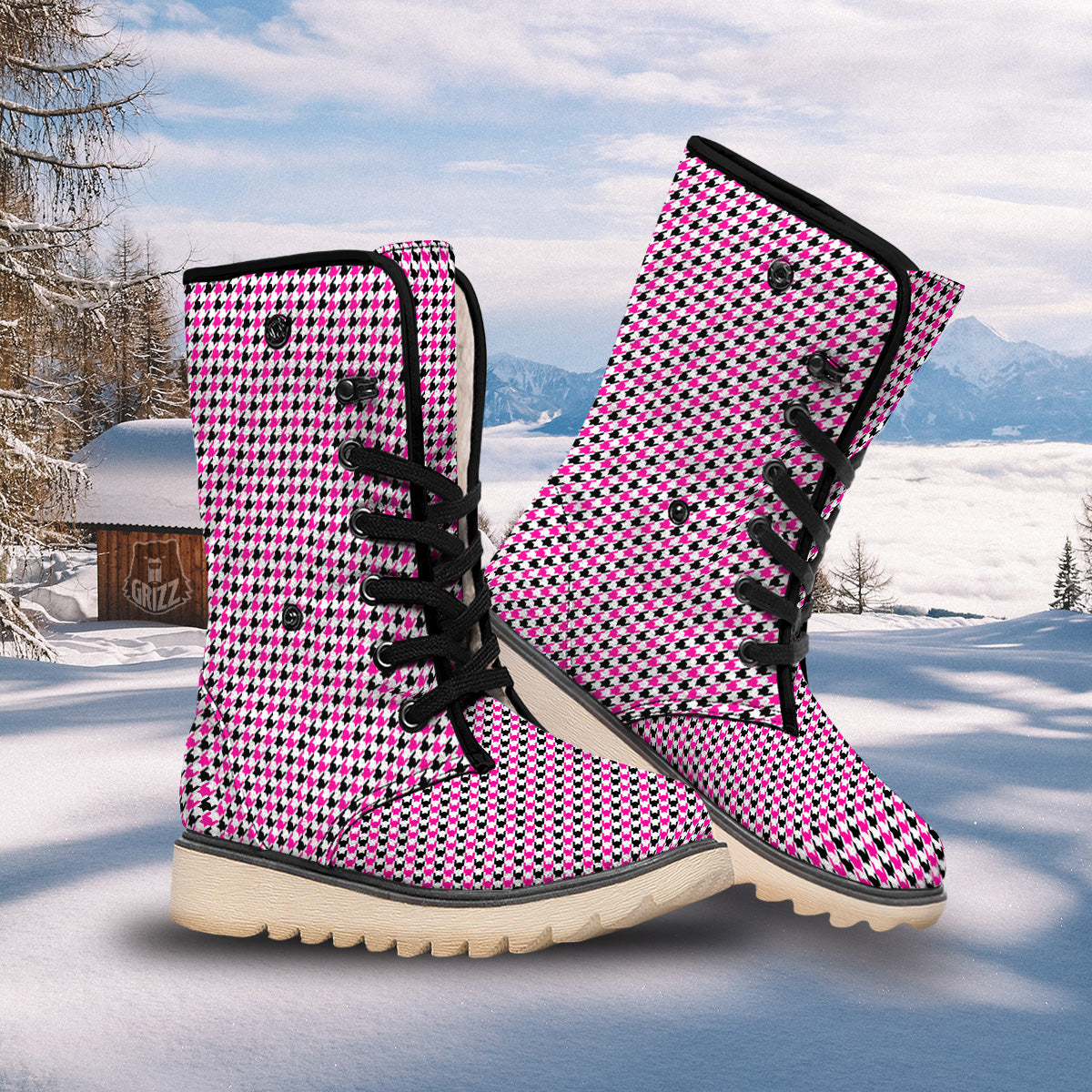 Pink Blac And White Houndstooth Print Snow Boots-grizzshop
