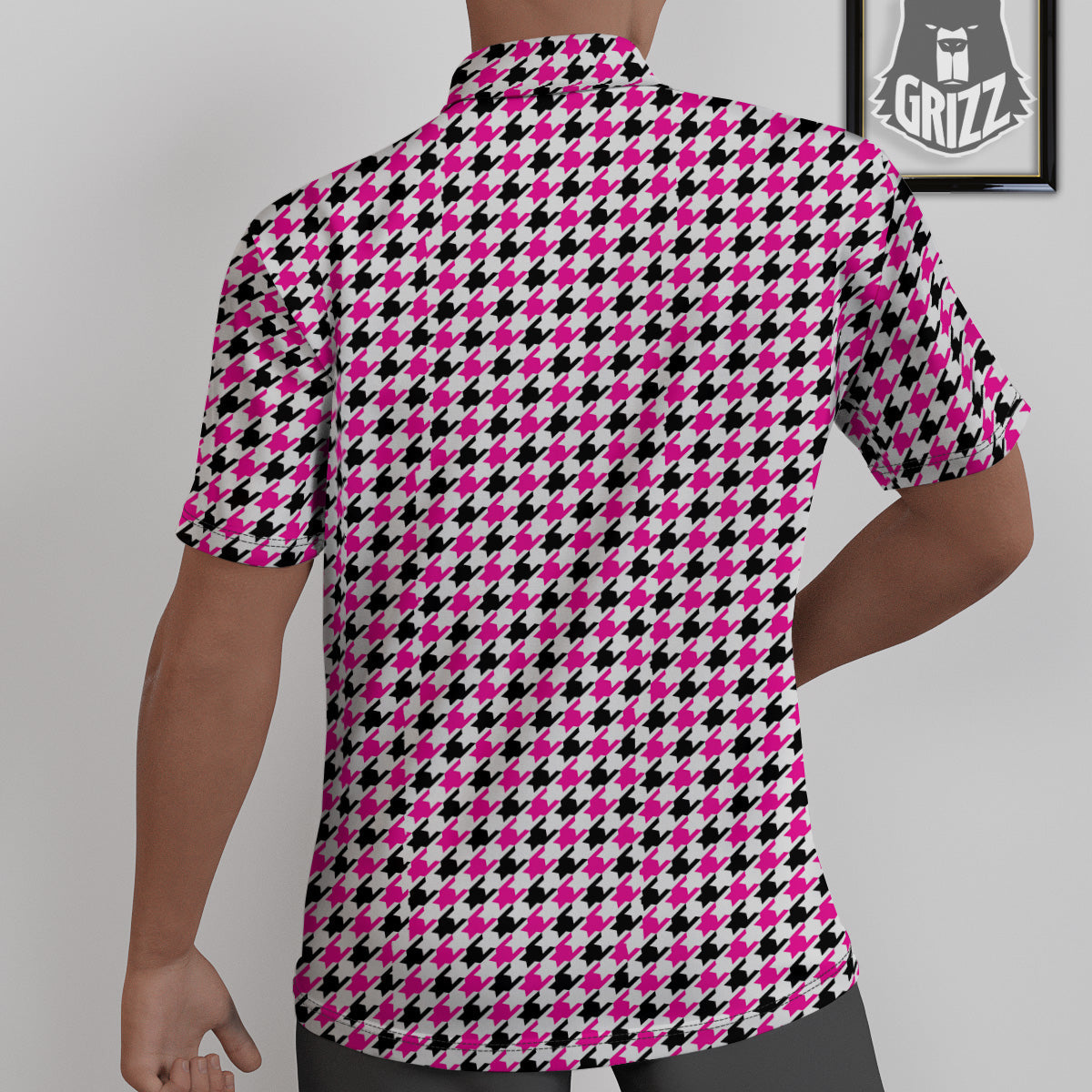 Pink Blac And White Houndstooth Print Untucked Shirts-grizzshop
