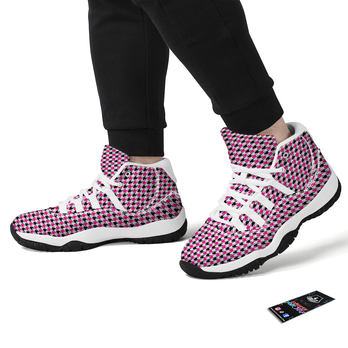 Pink Blac And White Houndstooth Print White Bball Shoes-grizzshop