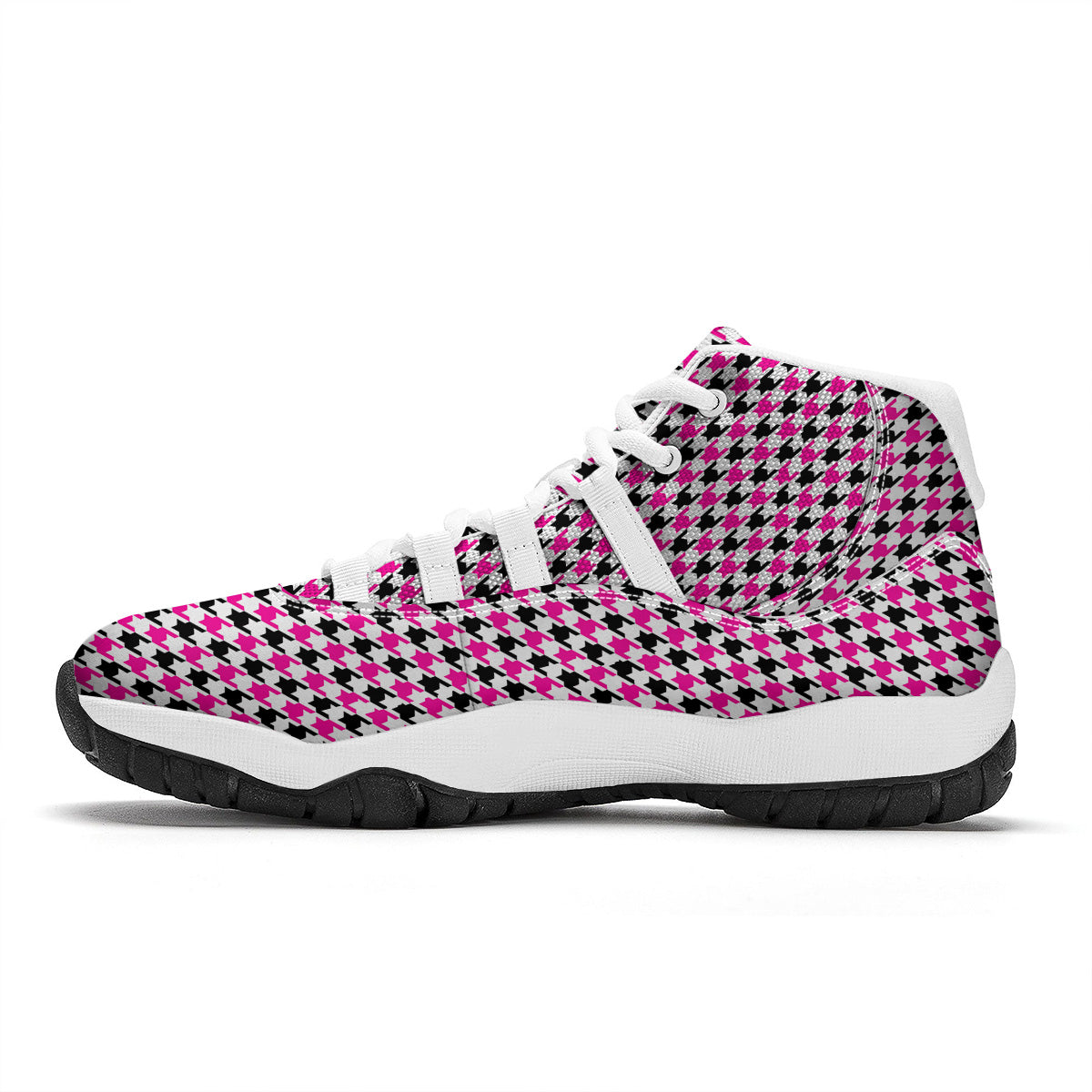 Pink Blac And White Houndstooth Print White Bball Shoes-grizzshop