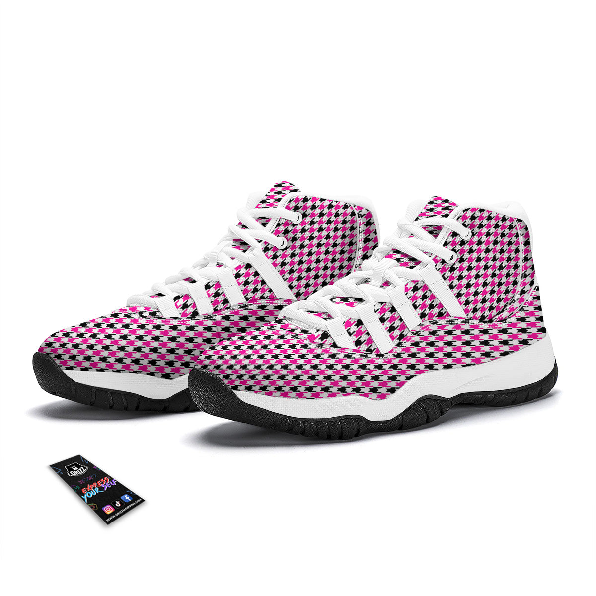 Pink Blac And White Houndstooth Print White Bball Shoes-grizzshop