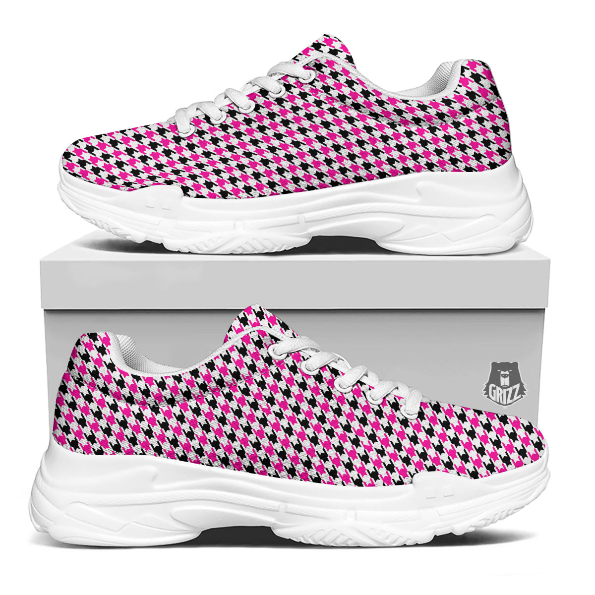 Pink Blac And White Houndstooth Print White Chunky Shoes-grizzshop