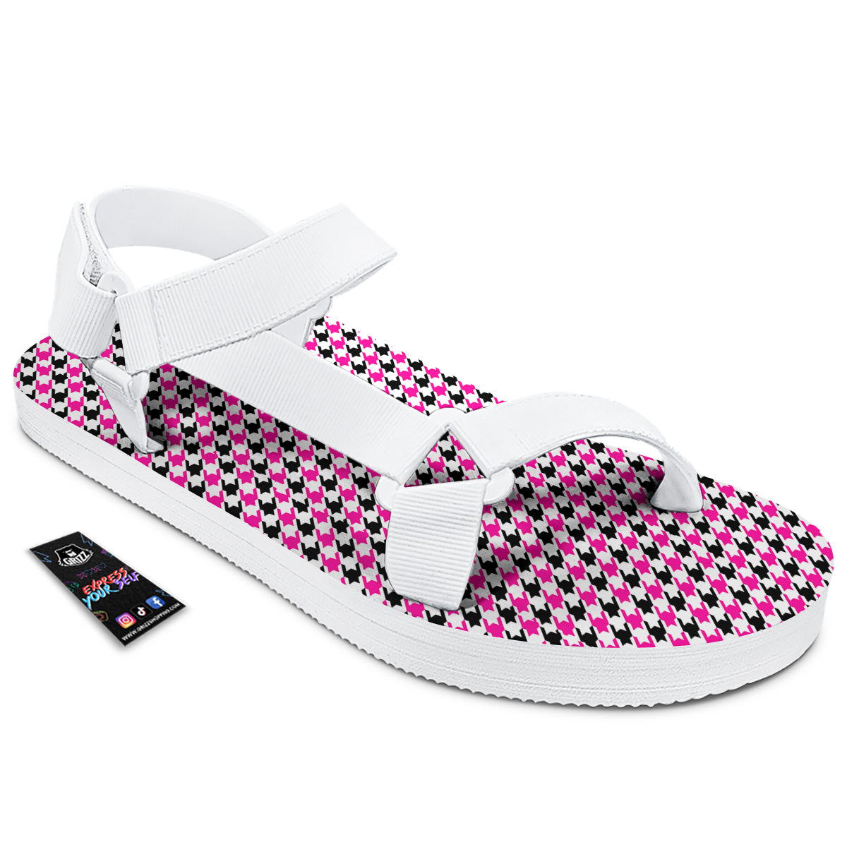 Pink Blac And White Houndstooth Print White Open Toe Sandals-grizzshop