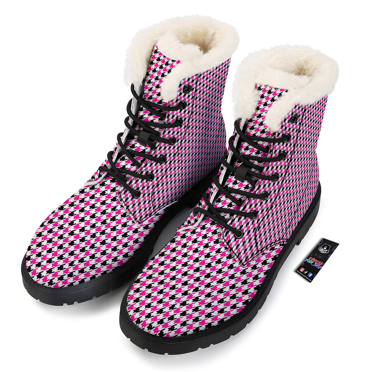 Pink Blac And White Houndstooth Print Winter Boots-grizzshop