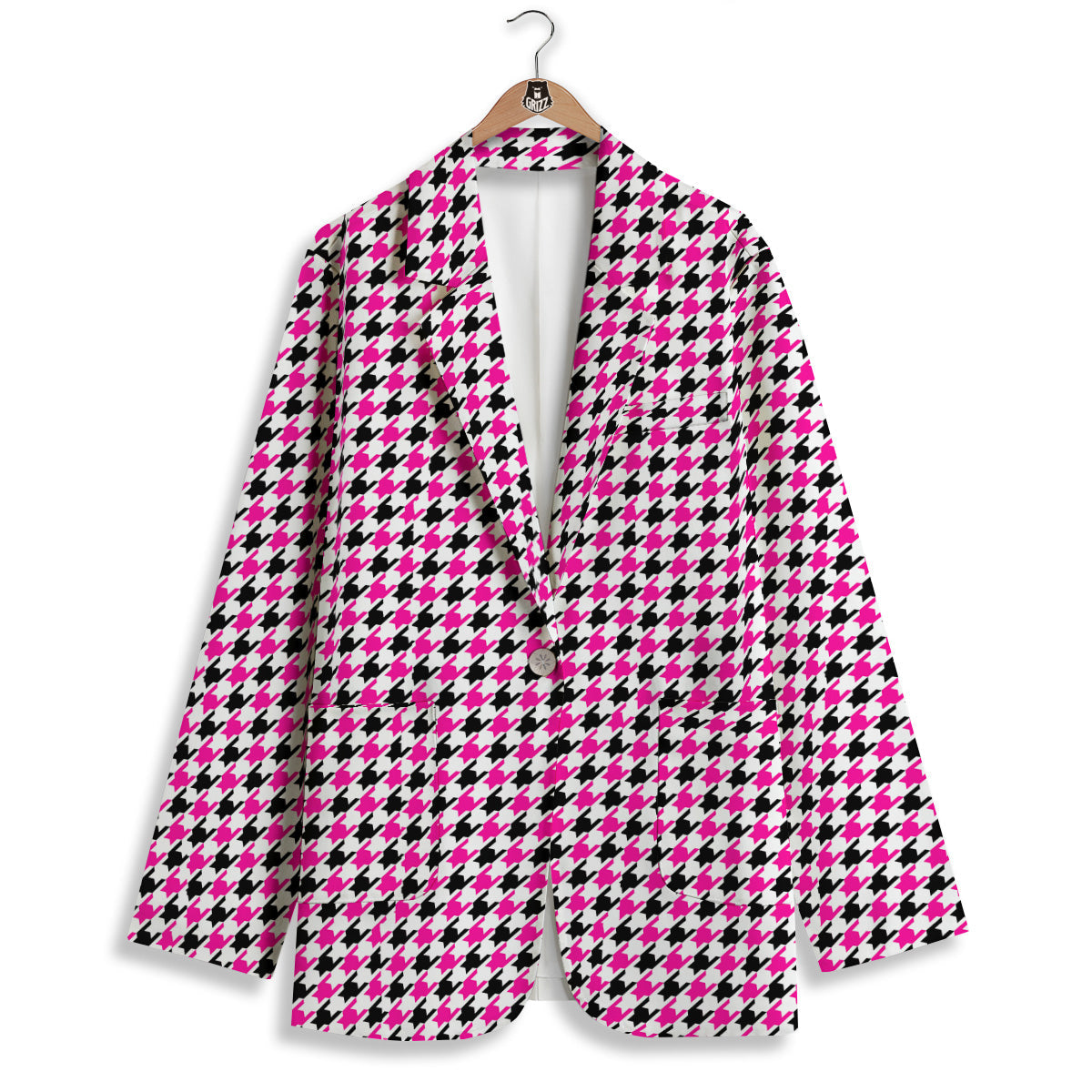 Pink Blac And White Houndstooth Print Women's Blazer-grizzshop