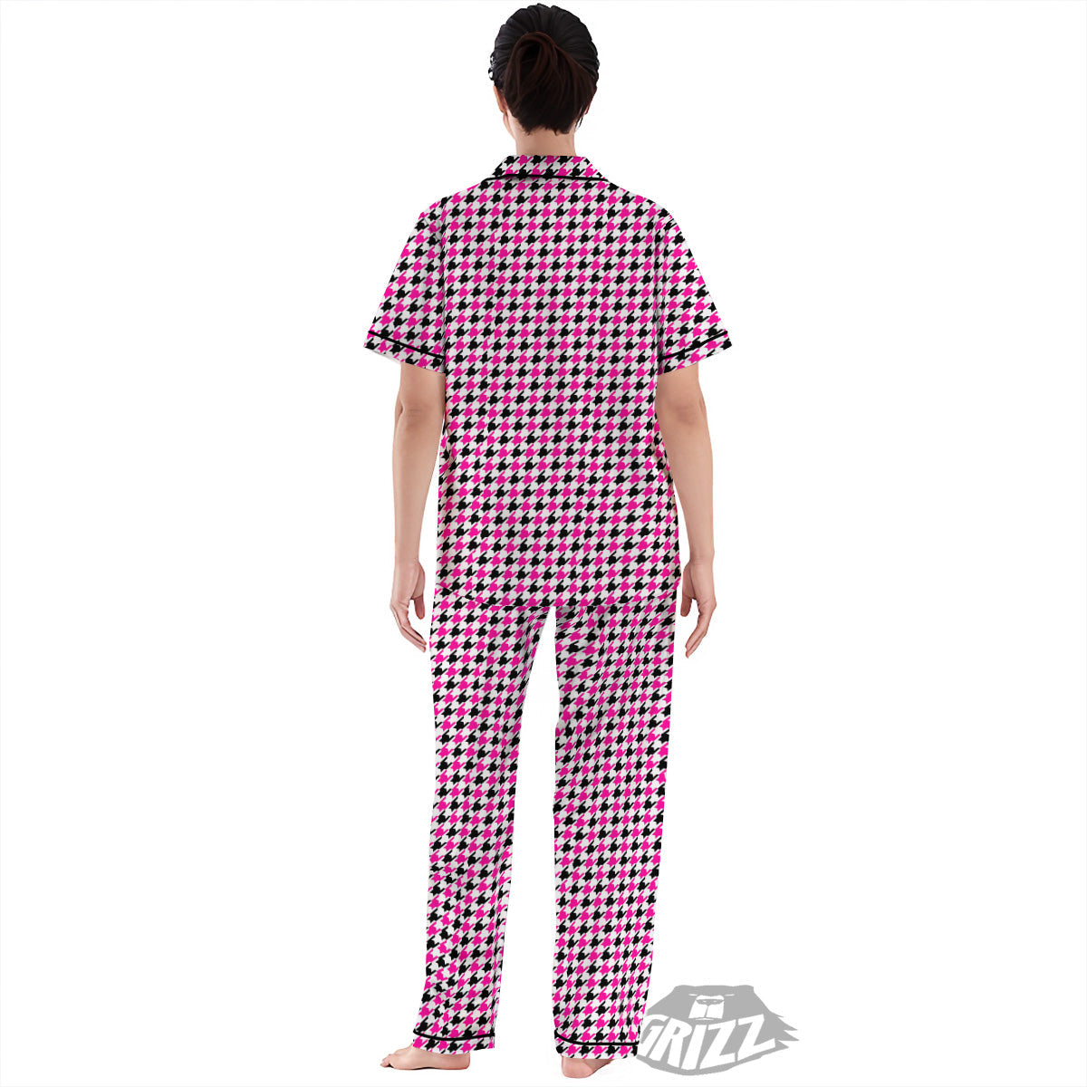Pink Blac And White Houndstooth Print Women's Pajamas Set-grizzshop