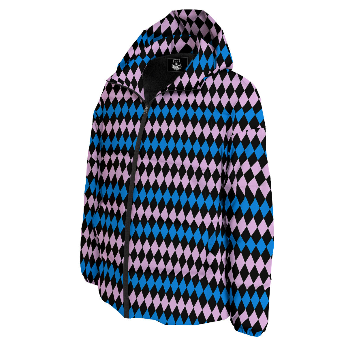 Pink Black And Blue Argyle Print Pattern Down Jacket-grizzshop
