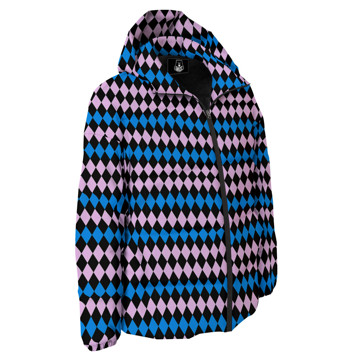 Pink Black And Blue Argyle Print Pattern Down Jacket-grizzshop
