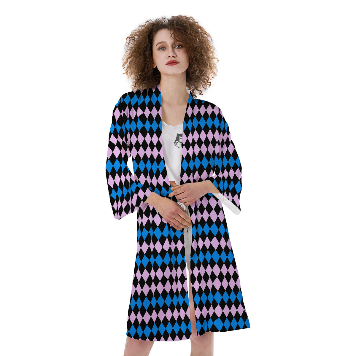 Pink Black And Blue Argyle Print Pattern Kimono-grizzshop