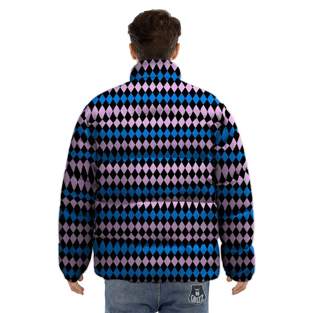 Pink Black And Blue Argyle Print Pattern Puffer Jacket-grizzshop