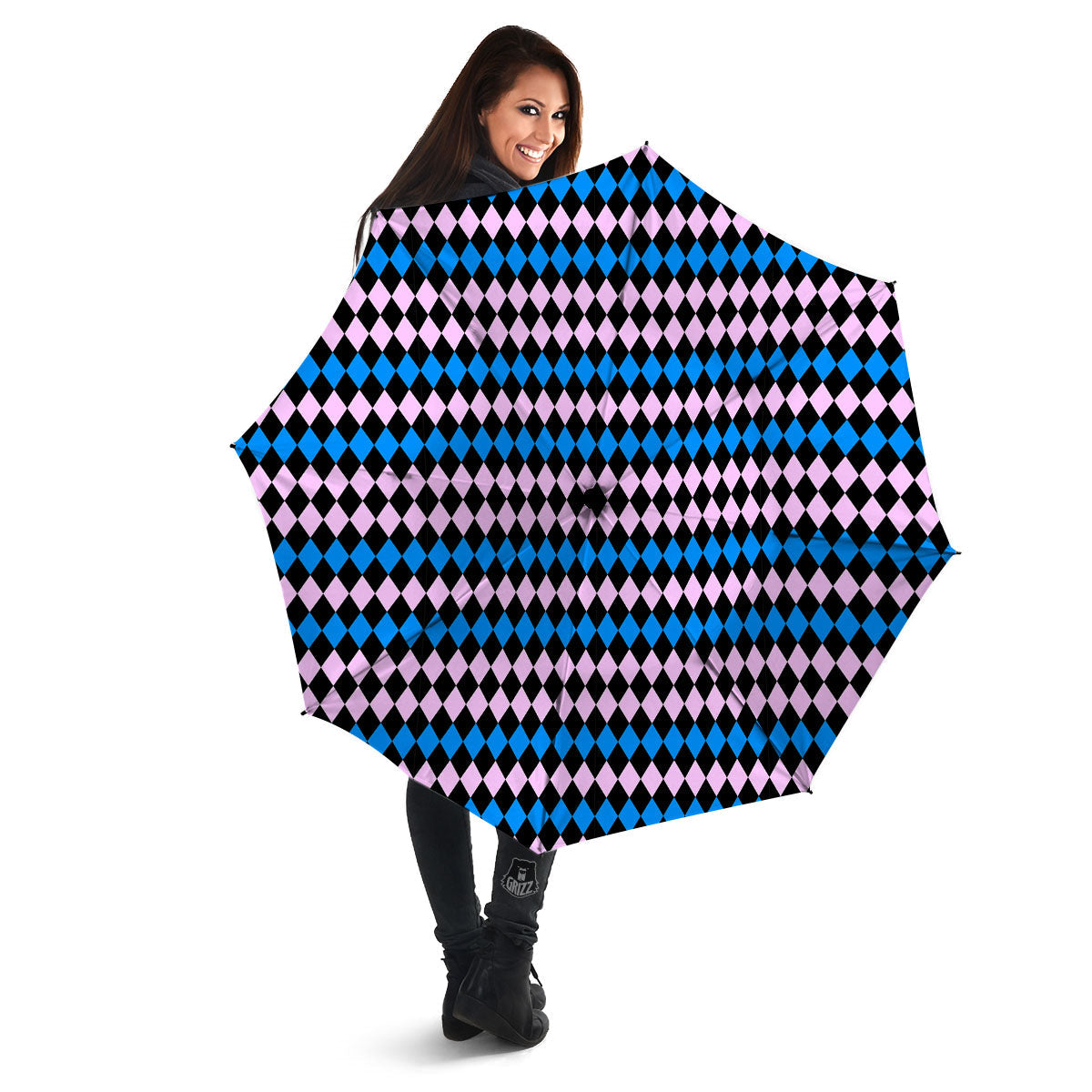 Pink Black And Blue Argyle Print Pattern Umbrella-grizzshop