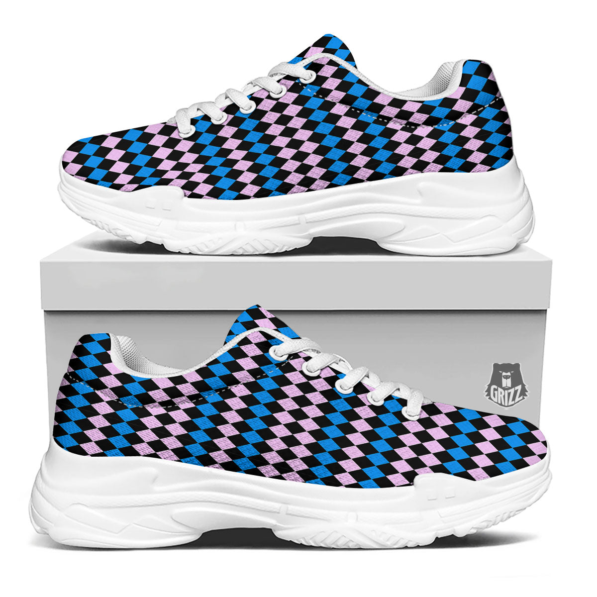Pink Black And Blue Argyle Print Pattern White Chunky Shoes-grizzshop