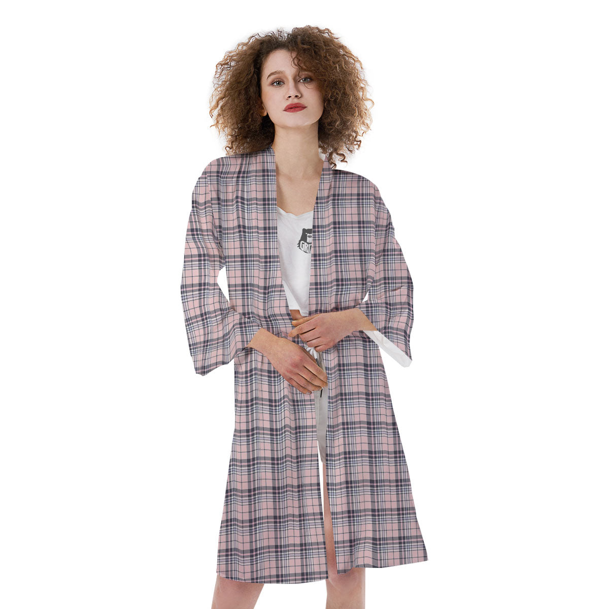 Pink Black And Blue Tartan Print Pattern Kimono-grizzshop