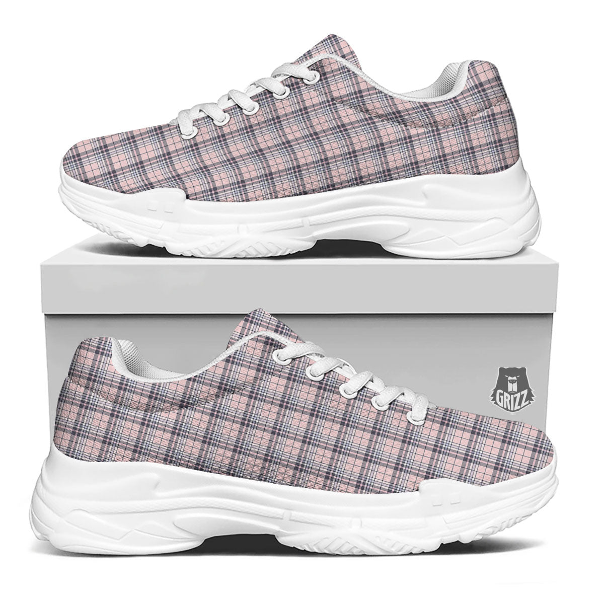 Pink Black And Blue Tartan Print Pattern White Chunky Shoes-grizzshop