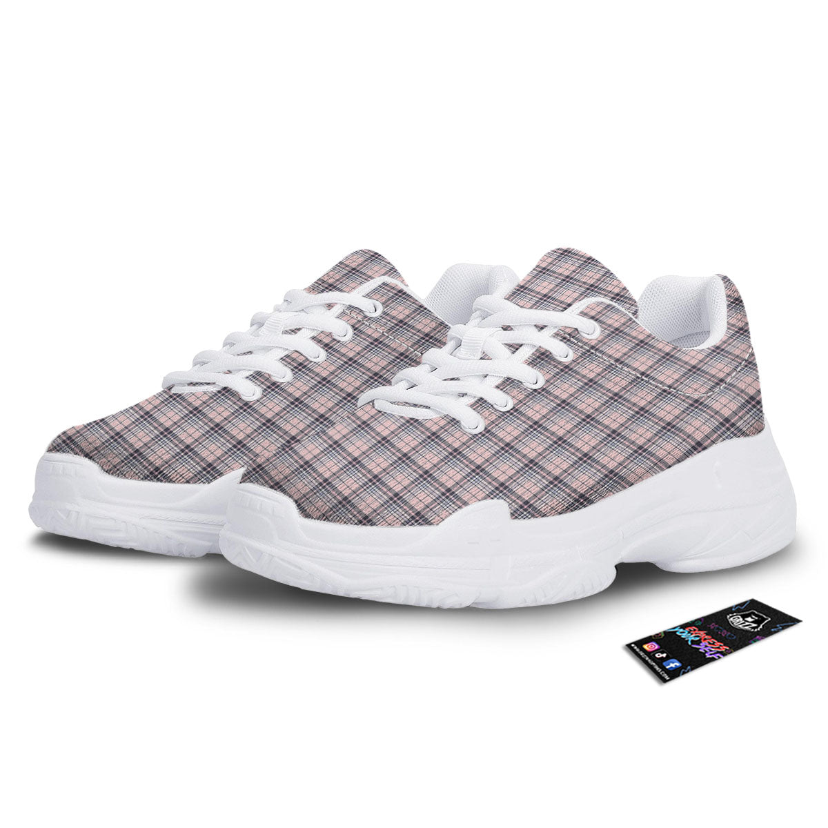 Pink Black And Blue Tartan Print Pattern White Chunky Shoes-grizzshop