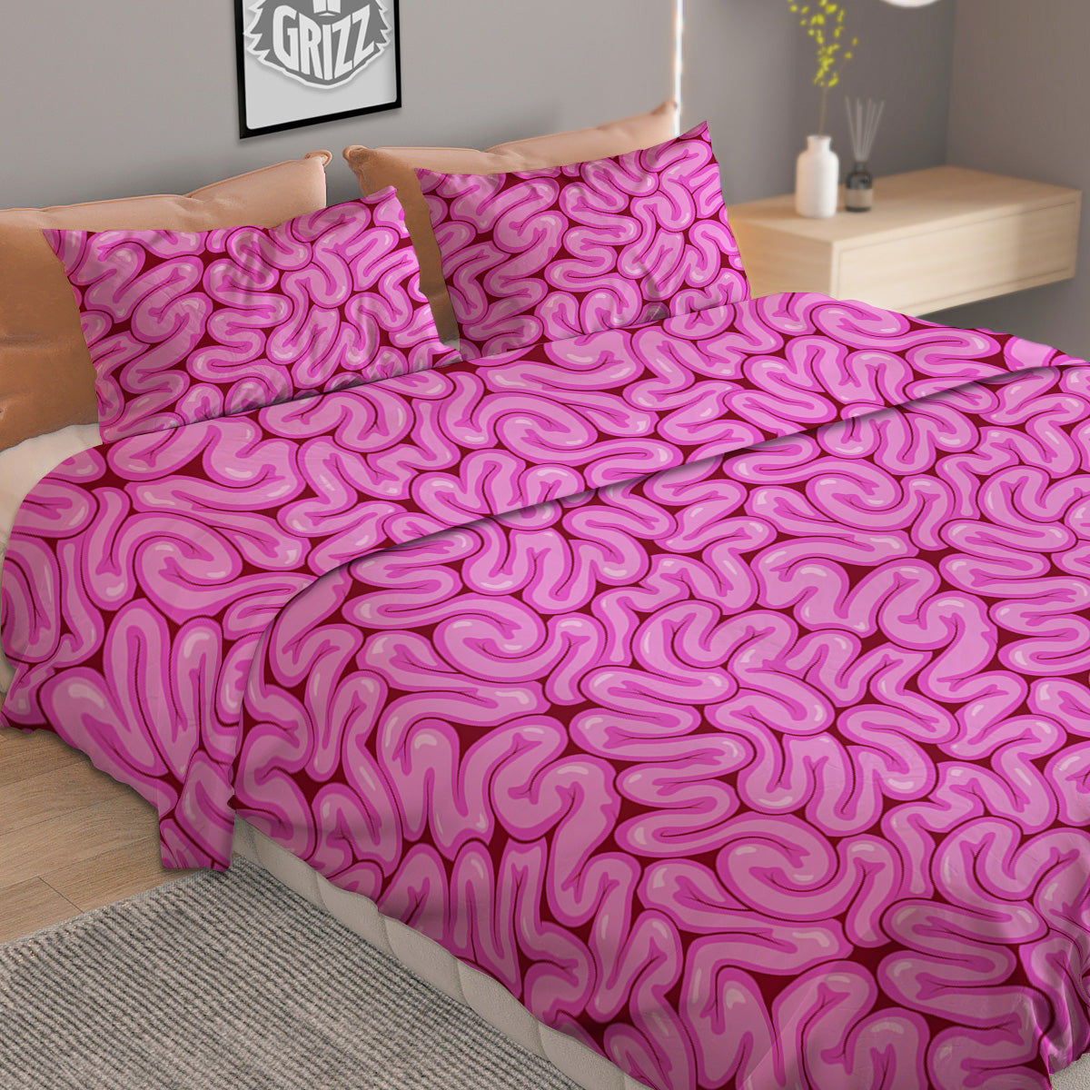 Pink Brains Cartoon Print Pattern Duvet Cover Bedding Set