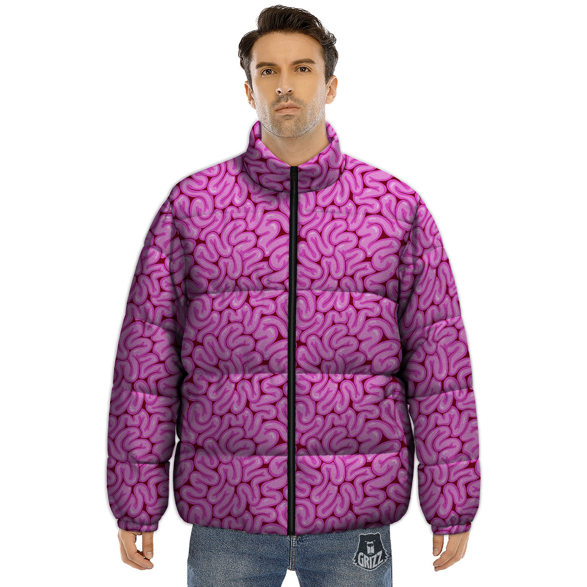 Pink Brains Cartoon Print Pattern Puffer Jacket-grizzshop
