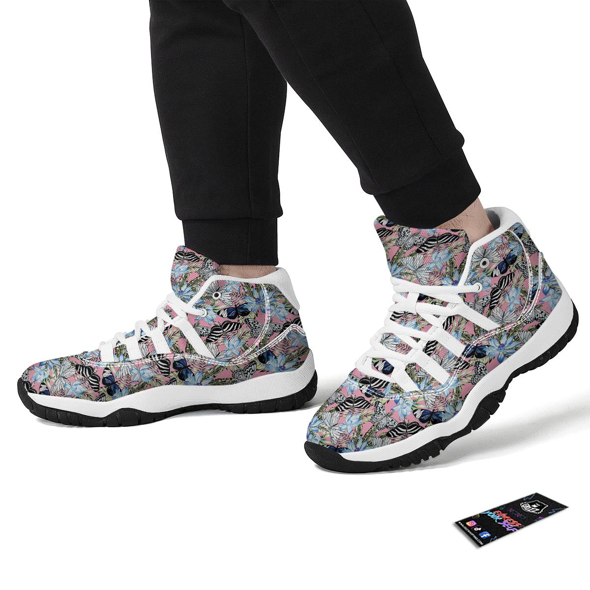 Pink Butterfly Palm Leave White Bball Shoes-grizzshop