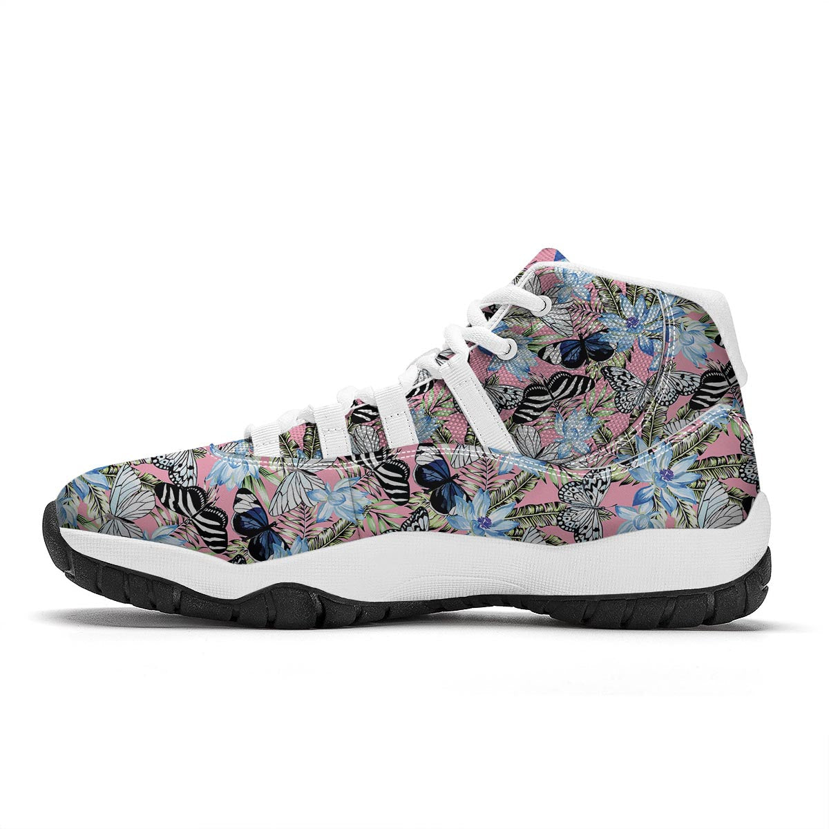 Pink Butterfly Palm Leave White Bball Shoes-grizzshop