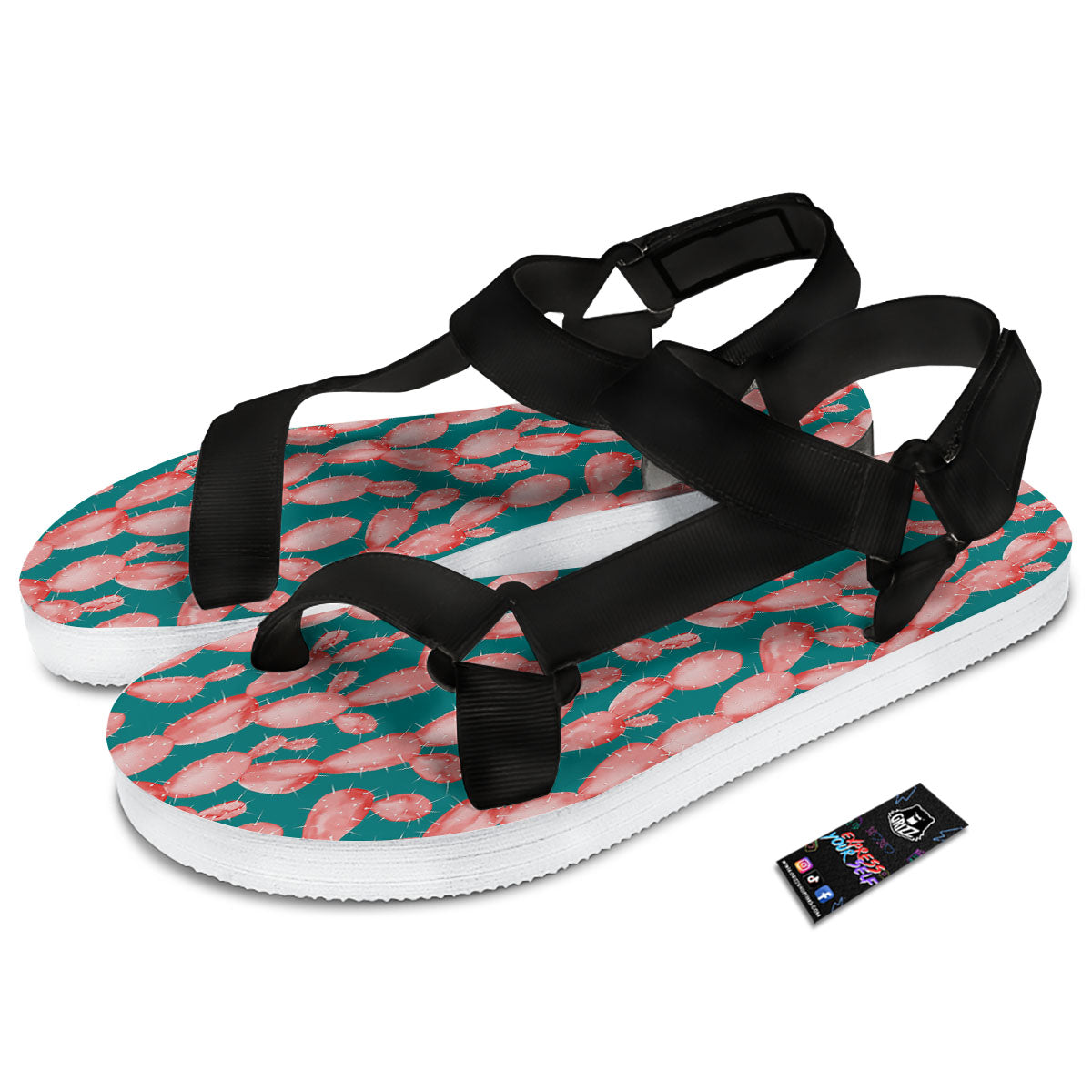 Pink Cactus Print Pattern Black Open Toe Sandals-grizzshop