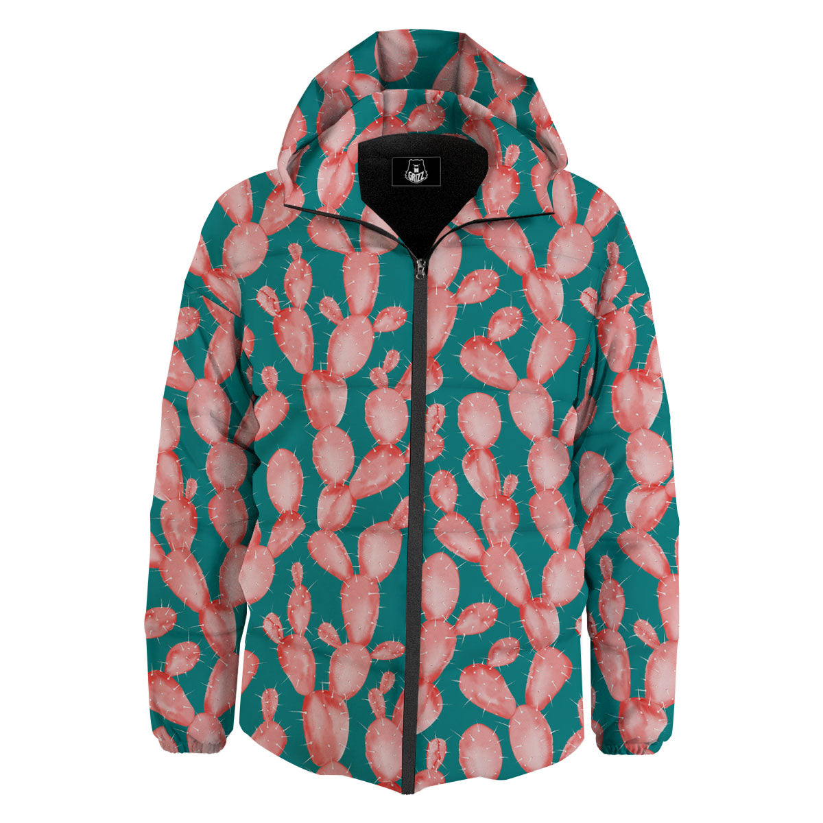 Pink Cactus Print Pattern Down Jacket-grizzshop